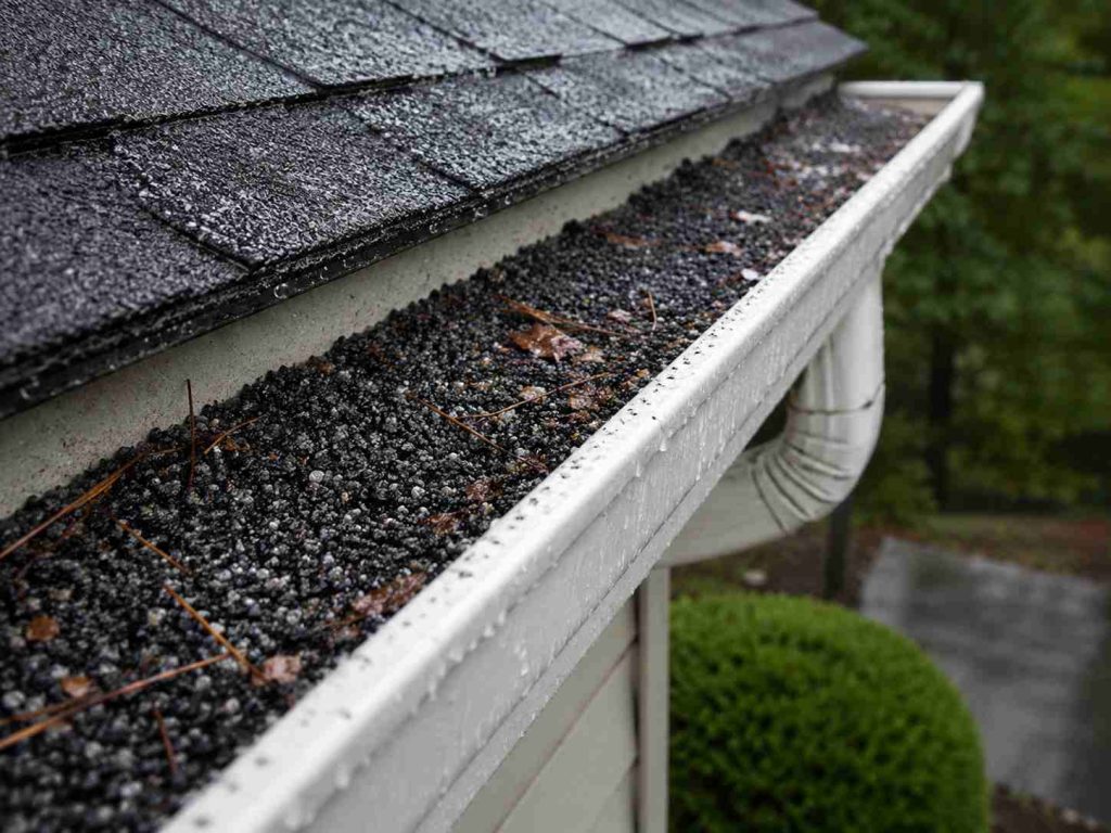 Asphalt granules collected in gutter after hail storm.